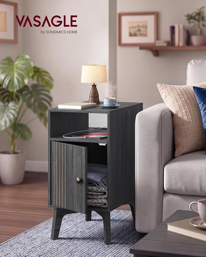 VASAGLE MAEZO Collection - End Table with Charging Station, Narrow Side Table, Nightstand with Tapered Legs, Curved Transitions, for Small Spaces, Living Room, Bedroom, Charcoal Gray ULET329B101S