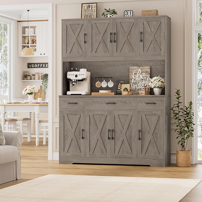 HOSTACK 71" Tall Pantry Cabinet with Charging Station, 55" Wide Kitchen Pantry Storage Cabinet with Countertop, Large Kitchen Hutch with Storage Drawers and Microwave Stand for Dining Room, Ash Grey