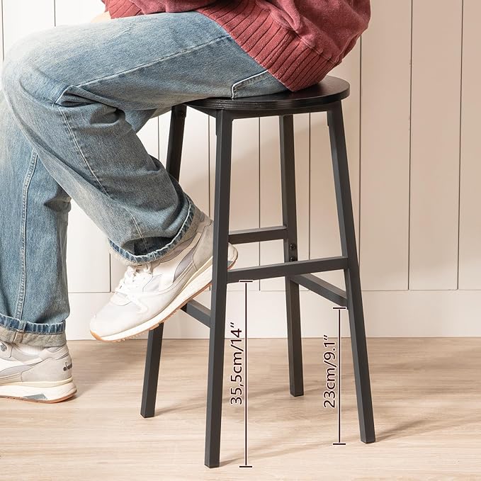 MAHANCRIS Bar Stools, Set of 2 Round Bar Chairs with Footrest, 24.4 Inch Kitchen Breakfast Bar Stools, Industrial Bar Stools, Easy Assembly, for Dining Room, Kitchen, Black BAHB0201