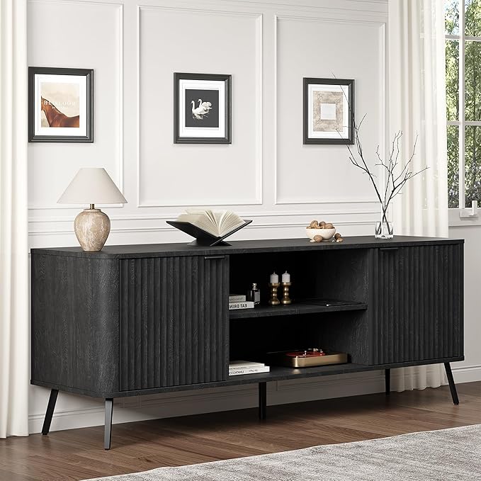 Fatmok TV Stand, 58" Modern Media TV Console Table with Storage for 55/60/65 inch TV, Mid Century Entertainment Center with Fluted Door Cabinets and Open Shelves TV Cabinet for Living Room, Bedroom