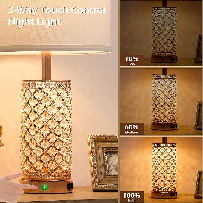 SAIWEYA Crystal Table Lamps Modern 3-Way Dimmable Bedside Lamp with 2 USB Ports & AC Outlets for Living Room Bedroom Nightstand Lamp Night Light (Rose Gold-2 Pack 24In)