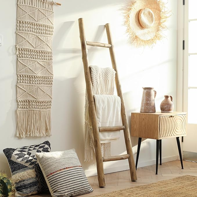 FUIN Fully Assembled 57in Wood Blanket Ladder Living Room Decorative Wall Leaning Farmhouse Quilt Display Holder Rustic Wooden Towel Rack for Bathroom