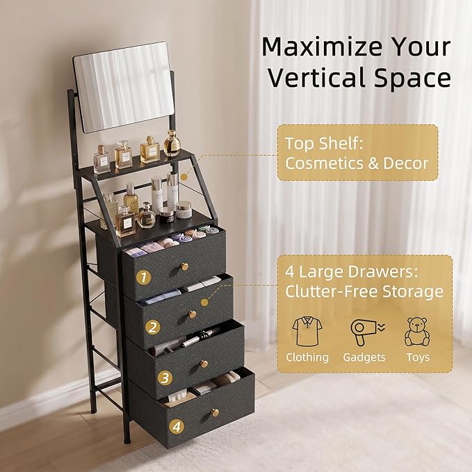 HIGDBFE 4-Drawer Dresser with Mirror, Vanity with 2-Tier Shelves, Fabric Chest of Drawers for Small Space, Vertical Storage Cabinet for Bedroom, Nightstand Bedside Table Furniture, Black, 15.3" W