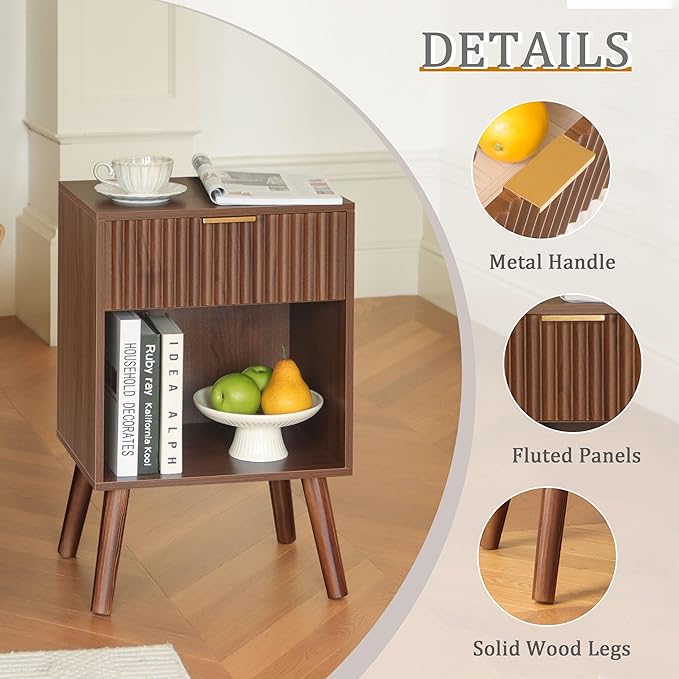 Fultyle Walnut Nightstand, Modern Night Stand with Fluted Drawer and Opening Storage, Wooden Bedside Table with Solid Wood Legs for Bedroom, Living Room, Office (Walnut Brown)