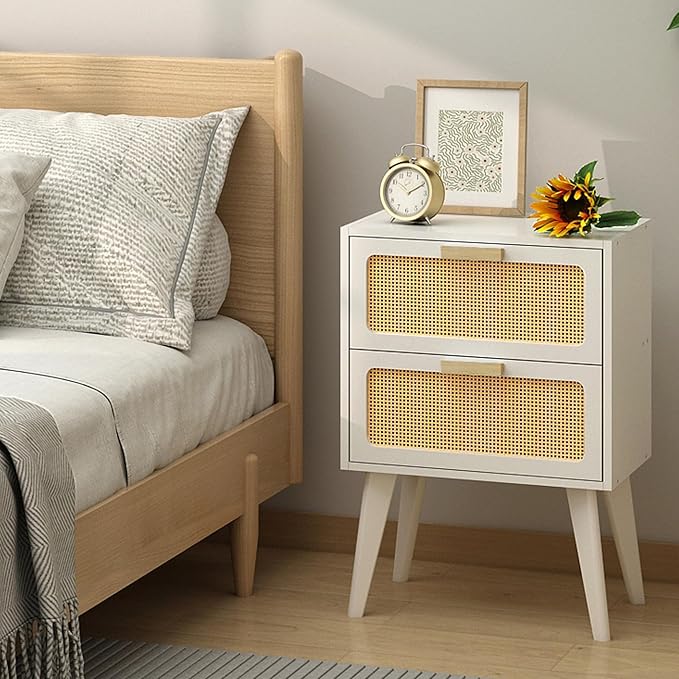 YAUKOMEL White Nightstand, Wood End Table, Side Table with 2 Hand Made Rattan Decorated Drawers,Boho Bedside Table,Wood Accent Table with Storage for Livingroom, Bedroom, White CTG59W
