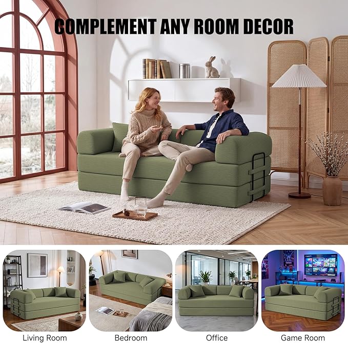79" Compressed Sofa, Convertible Sofa Bed, Corduroy Compression Boneless Couch with Pillow, Comfy Modular Foldable Floor Sleeper Sofa for Bedroom, Living Room, Lounge, Studio (Light Green)