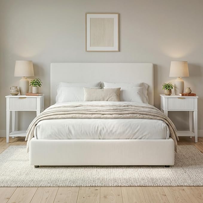 Modern Fluted Small Wood Nightstand, 11.8" Deep x 15.4" Narrow Bedside Table with Drawer & Open Shelf, Farmhouse Chic Accent Side Table for Bedroom & Sofa - White