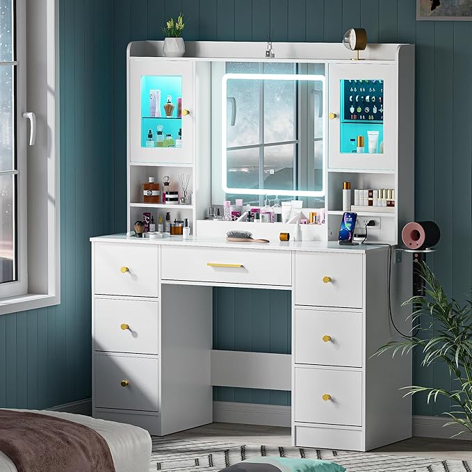 LAKEMID White Makeup Vanity Desk with Mirror and Lights,Make Up Vanity Table with Lighted Mirror 7 Drawers, Modern Vanity with Power Outlet RGB Cabinets,Dressing Table for Bedroom Women Girls