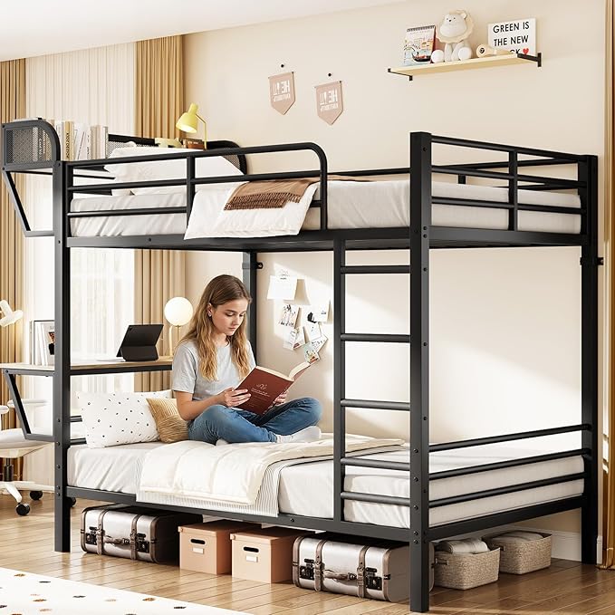 Bunk Bed Twin Over Twin, Metal Bunk Beds with Power Outlets & Desk, Heavy-Duty Bunkbeds Frame with Safety Guardrail & Ladders, Upper Bed with Storage Rack, No Box Spring Needed, for Juniors, Black