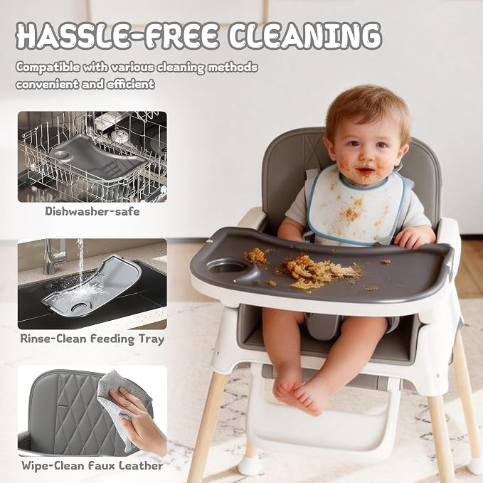 4 in 1 Baby High Chair for Babies and Toddlers, Foldable & Portable Convertible Booster Seat, Adjustable Tray & Footrest, Lightweight, Stable, Easy to Clean, Grey