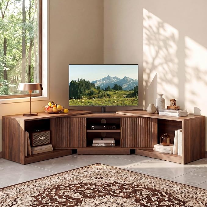 IRONCK TV Stand for 55-80 Inches TVs, 63"-84.6" Adjustable Length, Extendable Corner Entertainment Center with Storage Cabinets, Fluted Doors Modern Media Console, Ideal for Living Room, Walnut