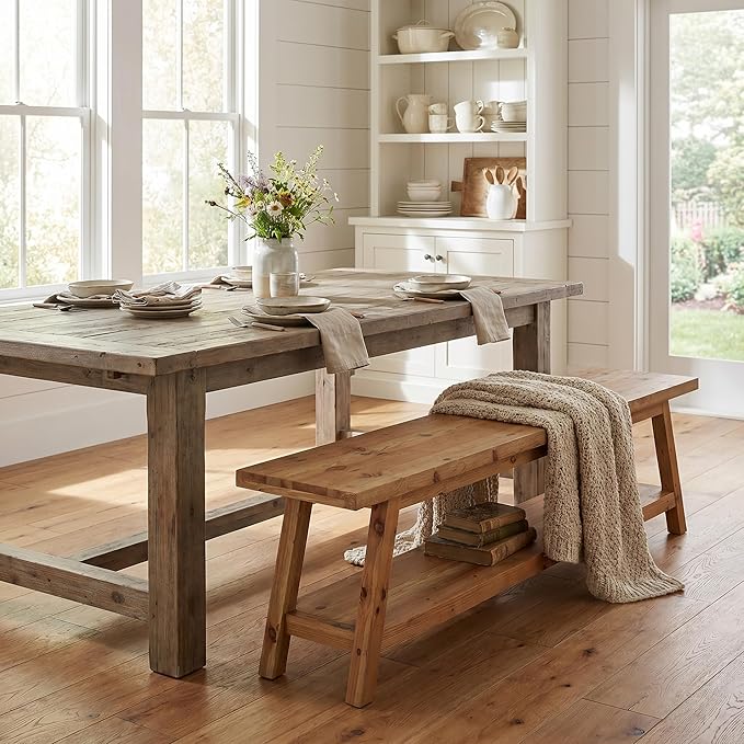 Set of 2 63” Wood Dining Room Bench, Farmhouse Kitchen Bench with Storage Shelf, Solid Wood Rusit Backless Bench for Dining Table, Extra Long Seating for Kitchen Room
