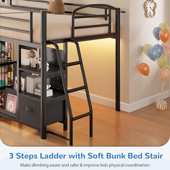 Low Loft Bed Twin Size with 4 Storage Drawers and LED Lights, Twin Loft Bed with Sling Bookcase & Toy Storage, Kids Twin Beds with Anti-Collision Pad & Play Curtain, Under-Bed Play Space, Black