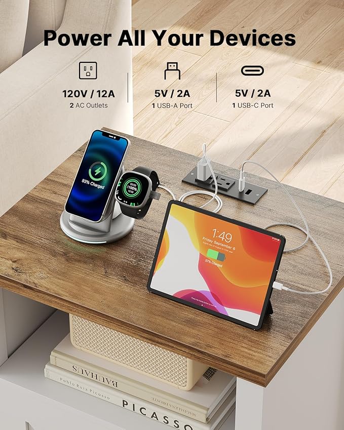 Marsail Farmhouse Nightstand, Wood Bedside Table with Charging Station, Night Stand with Shelf and Doors, End Table with Storage Side Table for Bedroom, White & Brown (1 Pack)