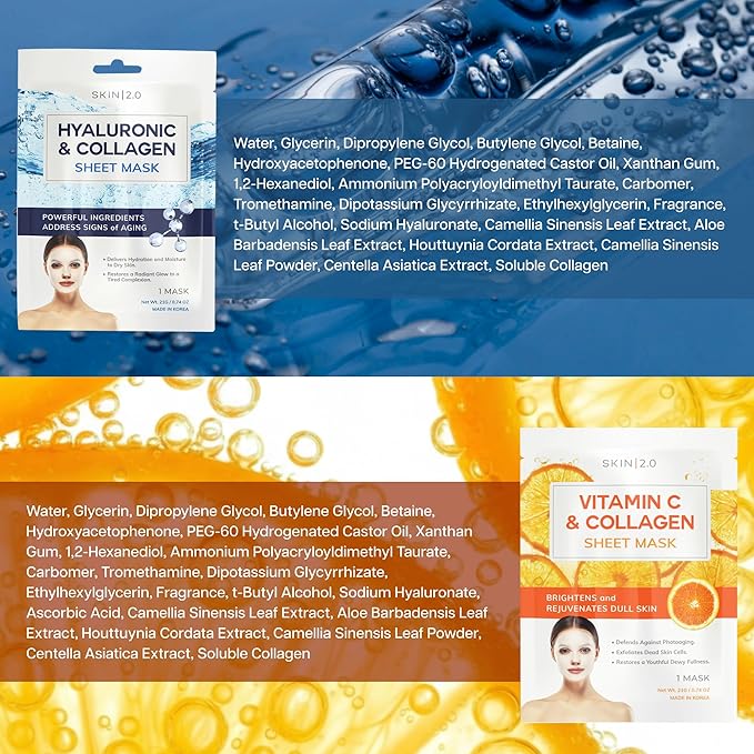 Vitamin C & Hyaluronic Acid Face Mask with Collagen – Dermatologist Tested, Korean Skin Care – Ultra Hydrating & Firming Sheet for Smoother-Looking Skin – Vegan, Clean Beauty – 10 Count