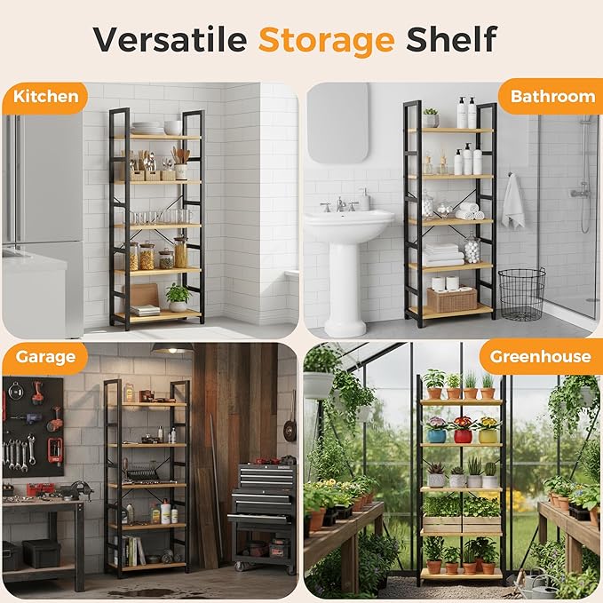 DUMOS 5-Tier Bookshelf, Modern Tall Bookcase, Open Storage Display Shelf for Living Room, Bedroom, Home Office, Narrow Standing Shelving Unit for Books, CDs, Décor，Wood