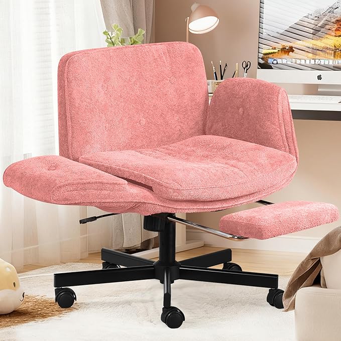 Criss Cross Chair with Footrest & 5 Level Folding Arms Full Relaxation, Wide Cross Legged Office Chair for Home Office, Comfy Swivel Desk Chair with Ottoman, Chenille Vanity Chair (Pink)
