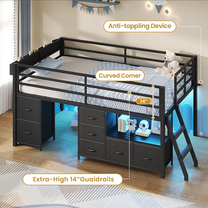 ADORNEVE Low Loft Bed Twin Size with 7 Storage Drawers, Bookcase and LED Lights, Metal Kids Loft Bed with 14" H Safety Guardrail,Inclined Ladder and Play Curtain, Under-Bed Play Space, Black