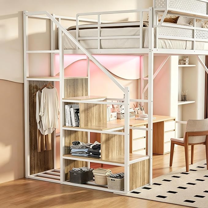 Queen Size Metal Loft Bed with LED Lights and USB Charging Port, Storage Shelf, Reversible Storage Stairs with Wardrobe, Heavy Duty Noise-Free Design, Large Under Bed, No Box Spring Needed