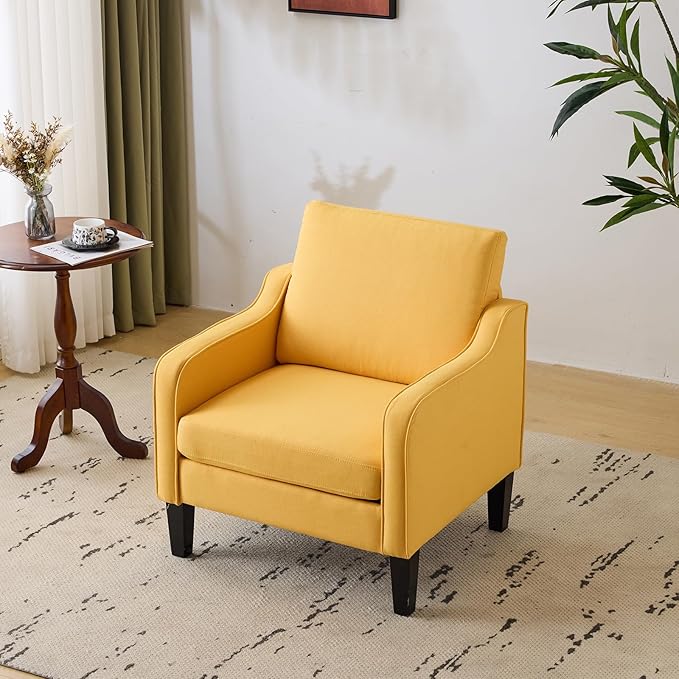 VINGLI Chair Yellow Upholstered Linen Accent Chair for Living Room, Bedroom, Mid-Century Modern Arm Chair Comfy Reading Chair with Scooped Arms