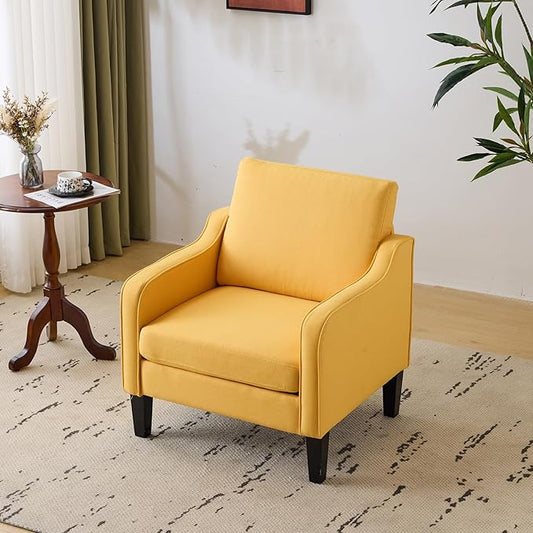 VINGLI Chair Yellow Upholstered Linen Accent Chair for Living Room, Bedroom, Mid-Century Modern Arm Chair Comfy Reading Chair with Scooped Arms