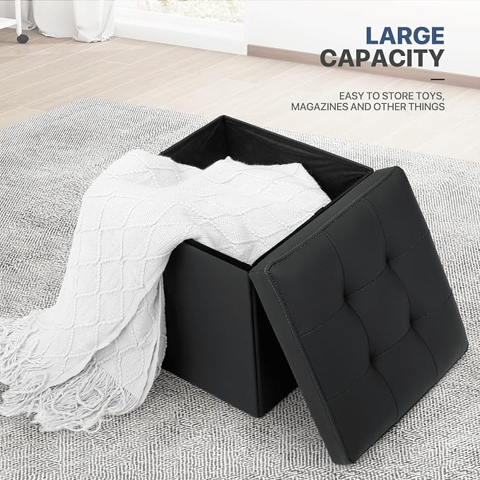 MoNiBloom Folding Storage Ottoman Cube, 15 Inches Small Ottoman with Storage, Footstool Rest Padded Seat for Living Room, Bedroom, Entryway, Hallway, Black