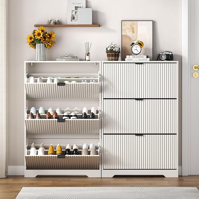 HUANLEGO Shoe Cabinet Storage for Entryway with 3 Flip Drawers, White Fluted Shoe Cabinet with Adjustable Shelves, Wooden Hidden Shoe Rack Freestanding Narrow Slim Shoes Storage for Hallway, Entrance