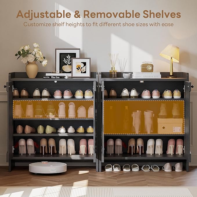 LIKIMIO Shoe Cabinet with Adjustable Shelves, 4-Tier Shoe Storage Cabinet with Slatted Doors, Freestanding Wooden Shoe Cabinet Storage for Entryway, Hallway, Living Room, Black