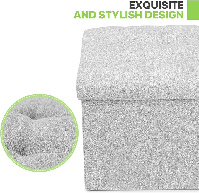 Magshion Folding Storage Ottoman Cube, 15 Inches Small Foot Rest Stool, Square Ottoman with Storage for Bedroom, Living Room, Dorm, Light Gray