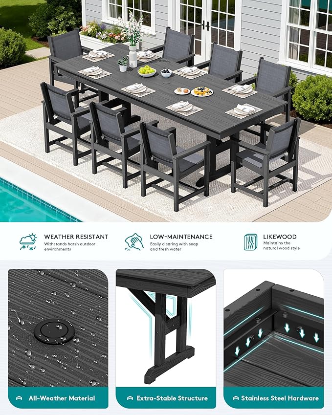 SERWALL 9 Piece Outdoor Dining Set, 84" HDPE Outdoor Large Table and Textilene Sling Chairs for 8，All Weather Patio Dining Furniture Set with Umbrella Hole for Backyard, Garden, Black