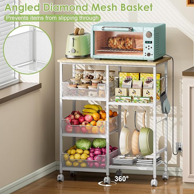 Rolling Kitchen Storage Microwave Cart & Kitchen Island on Wheels, Adjustable Shelf, Lockable Wheels, 27.75" L × 15.35" W, Bakers Rack Microwave Stand with Tilt-Out Baskets, Kitchen, Coffee Bar, White