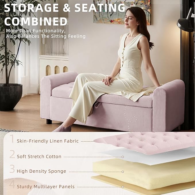 48" Ottoman with Storage, Tufted Storage Ottoman Bench, Convenient Living Room Fabrics Bench Seat, Entryway Shoe Benches with Inner Zipper & Arm, Rivetless Upholstered Window Seat Ottomans, Pink