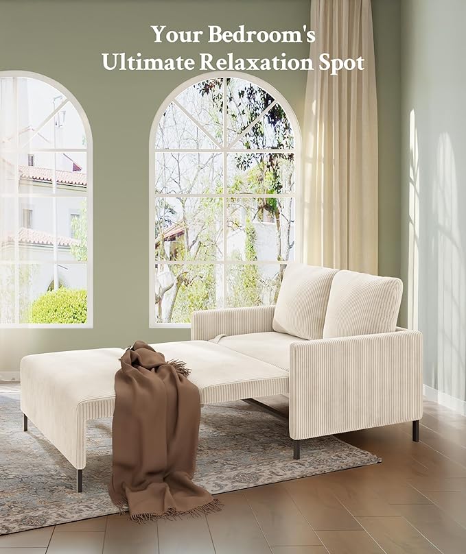 Welzona 47.2" Convertible Sofa Bed Couch, Comfy Corduroy Loveseat Sleeper Sofa, 620lbs Capacity Couch Bed, Easy Setup Love Seat Sleeper Bed 2 Pillows, Small Couches for Living Room/Office, Beige White