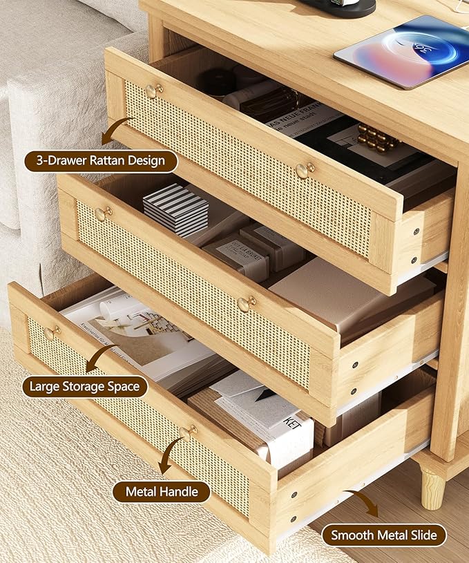 Keehusux 27.6" W Rattan Nightstand with 3 Drawers, Large Night Stand with Charging Station, Boho Bedside Table with Round Handles, Wooden End Table for Bedroom, Natural Oak