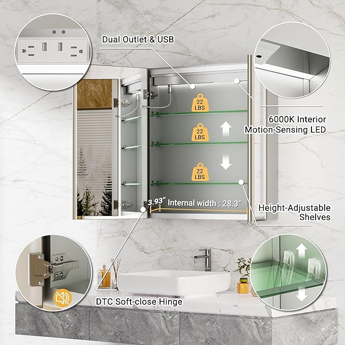 30x32 Lighted Medicine Cabinet with Mirror, Beveled Brushed Nickel Framed Surface or Recessed Fogless Dimmable LED Medicine Cabinet with Lights, Outlet, Time Display and Sensor Inner Light
