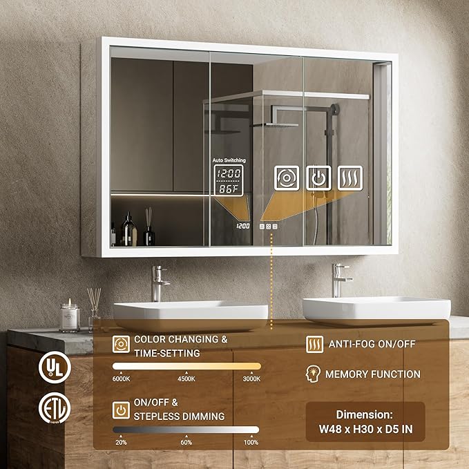 48x30 Recessed or Surface Lighted Medicine Cabinet with Mirror & Clock, Fogless Aluminum Medicine Cabinet with Dimmable Light & Outlet, Anti-fog, Built-in Sensing Light & 6 Adjustable Shelves