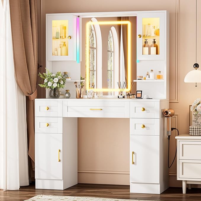 KAMABOKO Vanity Desk with Mirror and Lights, Makeup Vanity Table with Drawers & Shelves, Power Outlet, Dressing Table with Jewelry Storage for Bedroom (049 White)