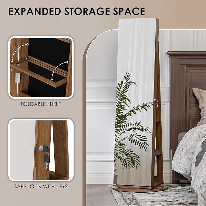 Zamildon's 360° Swivel Jewelry Mirror Cabinet, Lockable Standing Jewelry Armoire with Full Length Mirror, Storage Shelves, Built-in Makeup Mirror (Rustic Brown)
