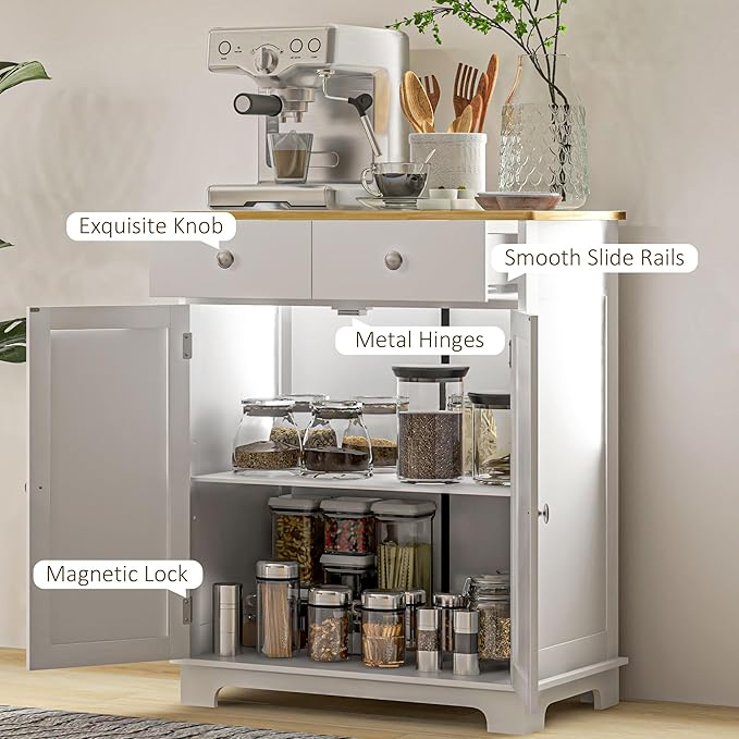 HOMCOM Sideboard Buffet Cabinet with Solid Wood Countertop, Modern Kitchen Storage Cabinet, Coffee Bar Cabinet with 2 Drawers, Doors and Adjustable Shelf, Distressed White