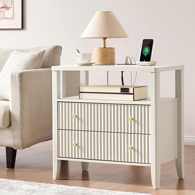 Fluted Nightstand with Charging Station, 27.3" Wide Modern Bedside Table with 2 Drawers & Open Shelf, Large Wood End Table with Storage & Metal Handle for Bedroom, Living Room, Cream White