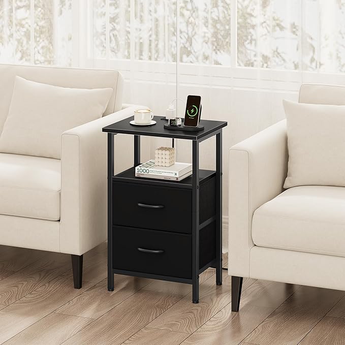 Vagusicc Nightstand Set of 2 with Charging Station, Bedside Table with Outlet & USB Ports, Black Night Stand with Fabric Drawers, 24.2" Tall Bed Side Table End Table with Open Shelf for Bedroom, Black