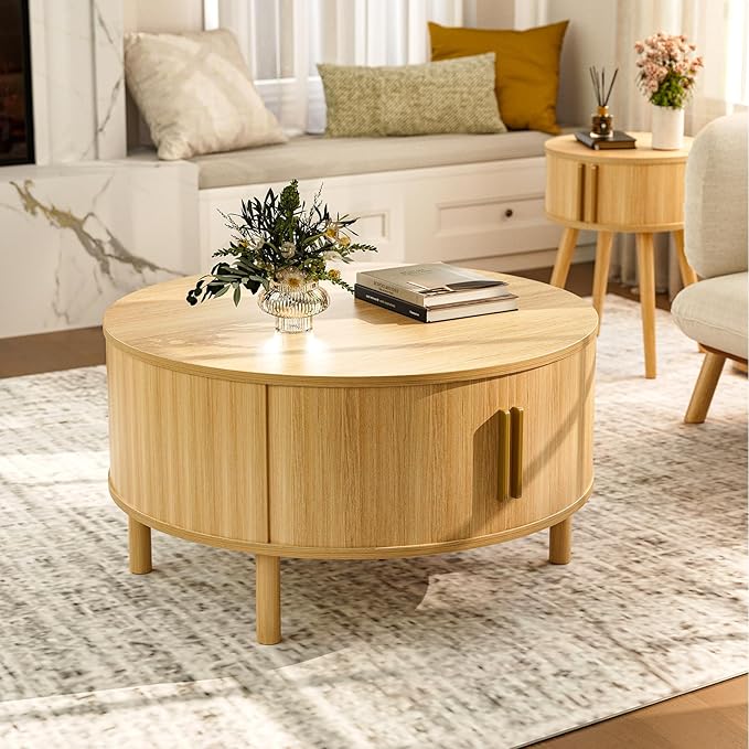 ZttRiee Coffee Table for Living Room, Modern Round Coffee Table with Cabinets & Sliding Doors, Home Small Space, 29.9" Fluted Center Table, Natual