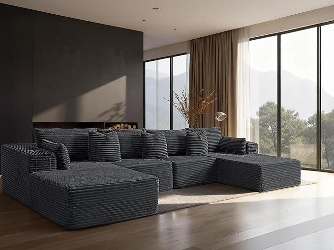 138" Cloud Sectional Couch, Comfort U Shaped Sofa for Living Room, Extra Deep Seats No Assembly, Minimalist Modular Couch, Corduroy (Dark Grey, 6 Seats,U-Shape C)