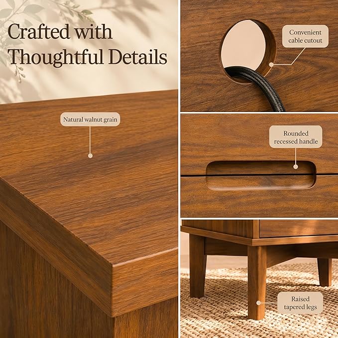 26" Tall Wood Nightstand with Charging Station & USB-C, Mid Century Modern Bedside Table with Solid Wood Legs, Caramel Walnut Finish with 2 Drawers