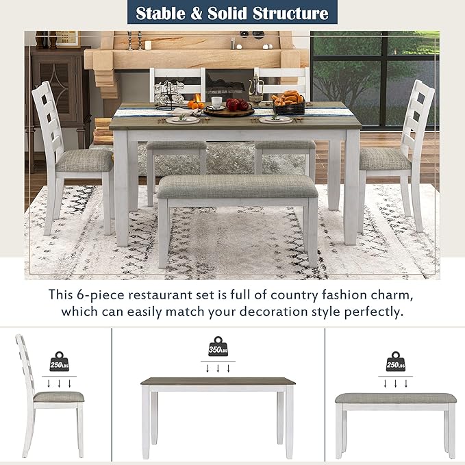 Harper & Bright Designs Rustic Style 6-Piece Dining Room Table Set with 4 Upholstered Chairs & a Bench (Brown + Whitewash)