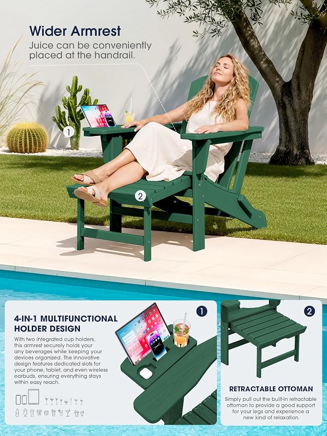 KINGYES Adjustable Folding Adirondack Chair with Footrest & 4-in-1 Multi-Functional Armrest Organizer, HDPE Foldable Recliner Adirondack Chair with Pull-Out Ottoman, Green