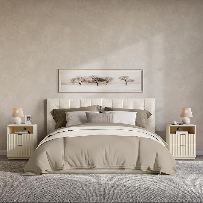 Nightstand with Charging Station, Night Stand with Open Shelf and 2 Drawers for Bedroom, Side Table Bedside Table with USB Ports & Outlets, Small Nightstand End Table (Beige)