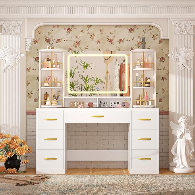 Vanity Desk with LED Mirror and 360 Rotating Makeup Organizer Shelves, White Makeup Vanity with Lights & Charging Station, Large Vanity Table with 6 Storage Drawers Bedroom Makeup Desk for Women Girls
