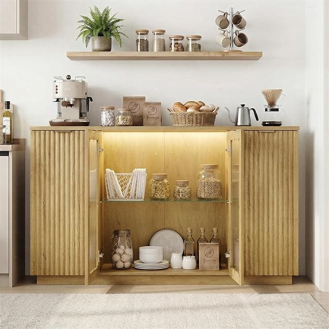 Einhomn 55" Sideboard Fluted Buffet Cabinet with Storage, Glass Doors & Led Lights, Coffee Bar Station with Adjustable Shelves, Modern Wood Cabinet for Kitchen, Living Room, Natural Oak
