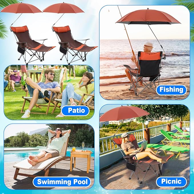 Yuntau 2 Set Reclining Beach Chairs with UPF 50+ Umbrellas Shade, Upgraded Heavy Duty Portable Folding Lounge Camping Chair with Canopy Removable Footrest & Headrest for Outdoor Patio(Orange)